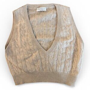Brunello Cucinelli Cable Knit Alpaca Cotton Vest w/ Monili Detail Beige Size M